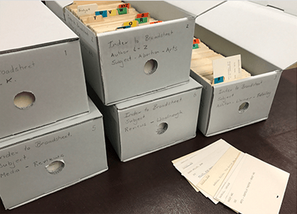 The complete Broadsheet card catalogue in six boxes, available from Special Collections
